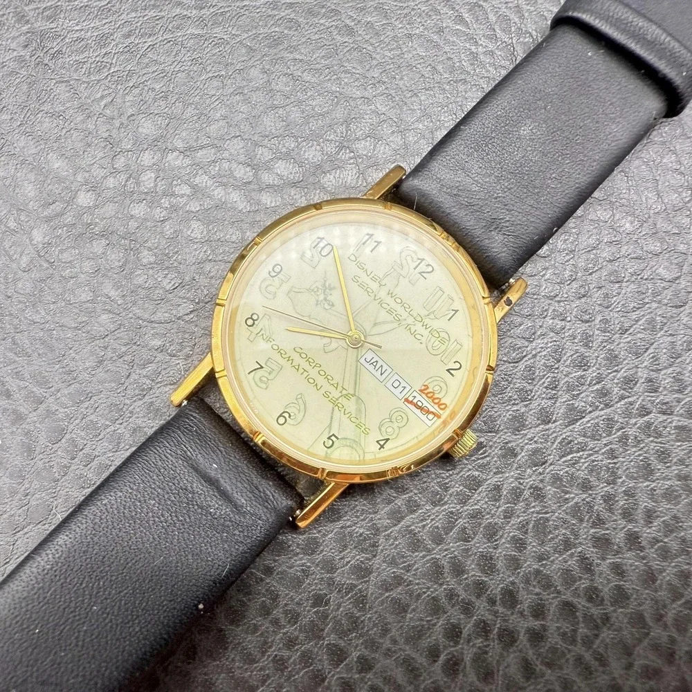 Vintage Disney Services Watch Gold Tone Leather Band 2000 Y2K NEW BATTERY WORKS‎